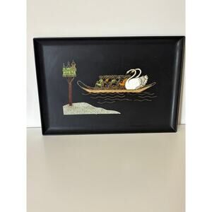 Couroc of Monterey "Swan Boats Of Boston" Mid-Century Inlaid Brass Wood Tray